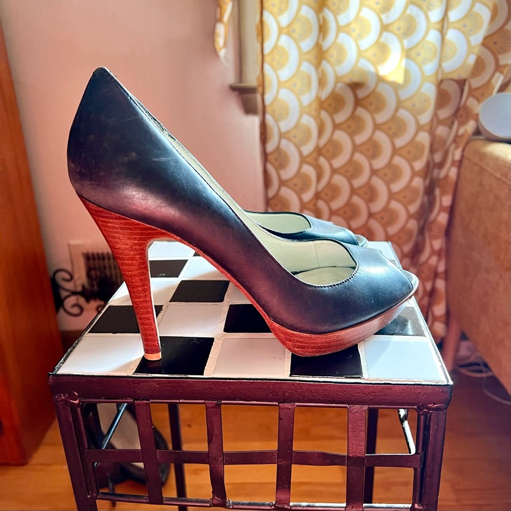 Vintage Black Leather Peep-Toe Heels